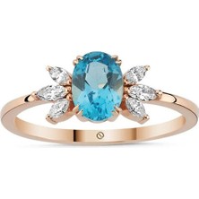 Safir Mücevher Hazine Blue Topaz Pırlanta 14 Ayar Rose Gold Kadın Altın Yüzük