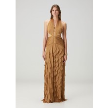 Raisa Vanessa Bronz Lazer Kesim Detaylı Maksi Abiye Elbise