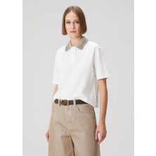 Brunello Cucinelli Beyaz Payetli Polo T-Shirt