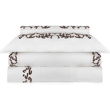 Rumija Home Luxury Leopar Nakıșlı Beyaz Pamuk Saten Çift Kişilik Nevresim Takımı 200 x 220 cm