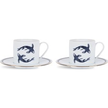 Some Home İstanbul Legend Koi Collection Lacivert Desenli Beyaz Porselen 2'li Çay Fincanı ve Tabağı Seti