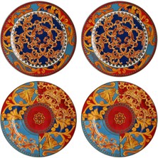 LuckyArt Clarissa Mavi Kırmızı Barok Desenli Bone China Porselen 4'lü Yemek Tabağı Seti
