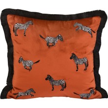 Ge Living Dekoratif Zebra Nakış Işlemeli Siyah Püsküllü Kiremit Kadife Yastık Kılıfı 45 x 45 cm