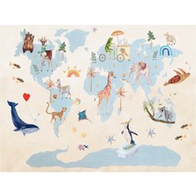 Hueppi Around The World Atlas Desenli Bej Mavi Yıkanabilir Çocuk Halısı 160 x 230 cm