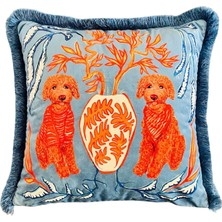 Ge Living Poodle Köpek Desenli Özel Tasarım Mavi Kadife Kırlent Kılıfı 45 x 45 cm