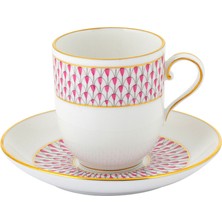 Herend Art Deco Pembe Desenli Porselen Kahve Fincanı ve Tabağı