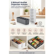 Transformacion 5 Bölmeli Mutfak Organizer Kutusu Gri Beyaz 2li Set Tezgah Üstü Baharatlık Poşet Çay Kahve Kapsülü Düzenleyici Dolap Çekmece İçi PP Plastik Stand 722441