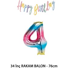 Lotus Party 4 Yaş Gökkuşağı Renk Rakam Balon - Gökkuşağı Renk Happy Birthday Kaligrafi Banner - Gökkuşağı Banner Rakam Set