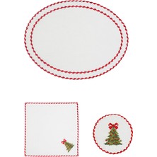 Matis Home Line Holly Jolly Tree Kırmızı Keten Amerikan Servis Peçete ve Bardak Altlığı 3'lü Set