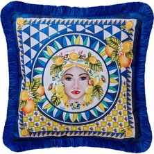 Chiara Alessi Portofino Mavi Desenli Kadife Dekoratif Kırlent 45 x 45 cm