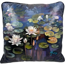 Elif Erdem Night Lotus Desenli Keten Dekoratif Kırlent 45 x 45 cm