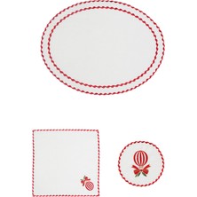 Matis Home Line Holly Jolly Ball Kırmızı Keten Amerikan Servis Peçete ve Bardak Altlığı 3'lü Set