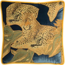 Alpaq Studio Leopar Desenli Saks Mavisi Kadife Kırlent 50 x 50 cm