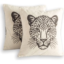 Uniqlooms Wild Leopar Pano Kırık Beyaz Pamuk El Yapımı 2'li Yastık Kılıfı Seti