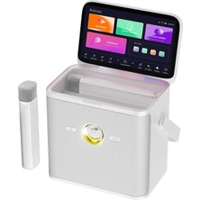 Ikarao Partybox Shell S3 80W Beyaz 7.1" Dahili Tablet 2 Kablosuz Mikrofon Rgb Işıklı Taşınabilir Ses Bombası Karaoke Bluetooth Hoparlör Seti