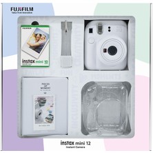 Fujifilm Instax Mini 12 Beyaz Fotoğraf Makinesi + 10'lu Film Simli Pleksi Kılıf Pvc Albüm ve Kıskaçlı Resim Standı Bundle Box