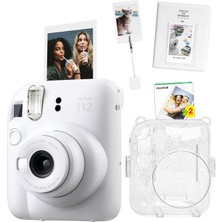 Fujifilm Instax Mini 12 Beyaz Fotoğraf Makinesi + 20'li Film Kıskaçlı Stand Pvc Albüm ve Simli Pleksi Kılıf Seti