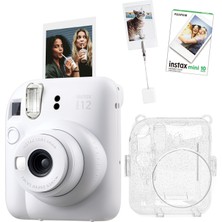 Fujifilm Instax Mini 12 Beyaz Fotoğraf Makinesi + 10'lu Film Kıskaçlı Resim Standı ve Simli Pleksi Kılıf Seti