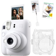 Fujifilm Instax Mini 12 Beyaz Fotoğraf Makinesi +20'li Film Kıskaçlı Resim Standı ve Simli Pleksi Kılıf Seti