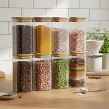 Esranın Dünyası Deconox 6'lı Set 520 ml Bambu Kapaklı Kare Cam Kavanoz - 6X15 cm Vakumlu Ekstra Uzun Boy Şeffaf Erzak Kabı Spagetti Makarna Kahve Bakliyat ve Mutfak Düzenleyici Saklama Kutusu