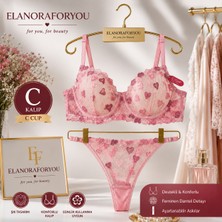 Elanora Amore Kırmızı, Pembe, Mavi Kalp Nakışlı Dantelli Desteksiz Transparan Sütyen Külot Takımı