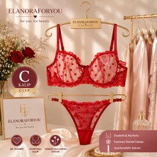 Elanora Amore Kırmızı, Pembe, Mavi Kalp Nakışlı Dantelli Desteksiz Transparan Sütyen Külot Takımı