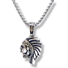 Ak Store Silver Amerika Yerlisi Apache Şef Figürlü K-190 Gümüş Kaplama Paslanmaz Kromix Çelik Kolye