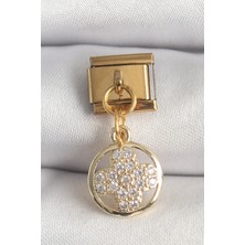 316L Çelik Gold Renk Sallantı Zirkon Taşlı Yonca Model Nomination Charm 5886 - 5961-8542