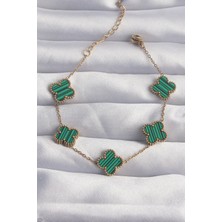 316L Çelik Gold Renk Çizgili Yeşil Mineli Yonca Bileklik 5886 - 8008-7969