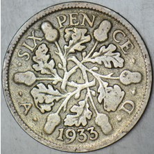 Banknoting Birleşik Krallık 6 Pence 1933 Gümüş. Kral 5. George. 16 Mm. 2,7 Gr. Ingiltere.