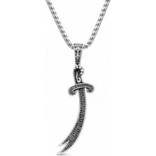 Ak Store Silver Erkek, Zülfikar Kılıç Safir, Siyah ve Garnet Zirkon Taşlı K-182 Paslamaz Kromix Çelik Gümüş Kaplama Kolye Madalyon