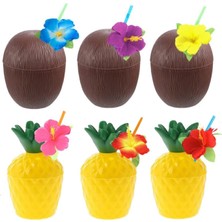 Aesco Ananas &amp; Hindistan Cevizi Tasarımlı Pipetli Bardak Seti (6 Adet)