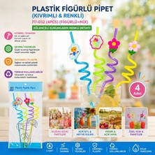 Dunai Kıvrımlı Renkli Plastik Pipet - Figürlü Tasarım - 4'lü Paket