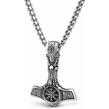Ak Store Silver Erkek Thor'un Çekici Viking Baltası Figürlü K-150 Paslanmaz Kromix Çelik Gümüş Kaplama Kolye Madalyon