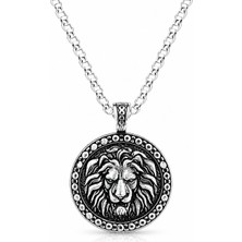 Ak Store Silver Erkek Çerçeve İçinde Aslan Kral Figürlü K-109 Paslanmaz Kromix Çelik Gümüş Kaplama Kolye Madalyon