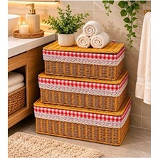 Maison Luré Ekoseli Hasır Rattan Organizer, 3’lü Kapaklı Saklama Sepeti