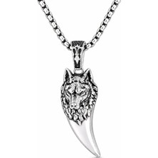 Ak Store Silver Erkek Kurt Dişi Üzerine Bozkurt Işleme Figürlü K-102 Paslanmaz Kromix Çelik Gümüş Kaplama Kolye Madalyon