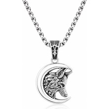 Ak Store Silver Erkek, Türklüğün Sembolü Hilal Içinde Bozkurt Figürlü K-103 Paslanmaz Kromix Çelik Gümüş Kaplama Kolye Madalyon