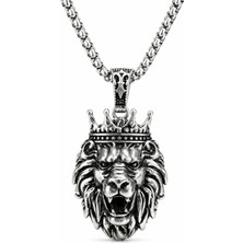 Ak Store Silver Erkek, Gücün ve Liderliğin Sembolü Öfkeli Aslan Kral Figürlü K-106 Paslanmaz Kromix Çelik Gümüş Kaplama Kolye Madalyon