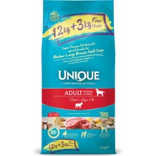 Unıque Unique Orta ve Iri Irk Yetişkin Köpek Maması Kuzu Etli 15 kg (12+3 Kg)
