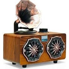 Maison Luré Ahşap Görünümlü Gramafon Tasarımlı Nostalji Radyo Alarm Saatli Radyo