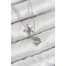Pirinç Zirkon Taşlı Yıldız ve Ay Model Gümüş Renk Kadın Kolye