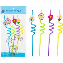 İlk El Grup Kıvrımlı Renkli Plastik Pipet - Figürlü Tasarım - 4'lü Paket