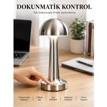 MidasTech Mantar Masa Lambası Dokunmatik 3 Renk Işık Şarjlı Kablosuz Modern Krom Tasarım Yeni Nesil Mida