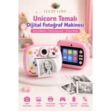 Lucky Love Unicorn Temalı Çocuk Dijital Fotoğraf Makinesi Termal Baskılı Kamera Selfie Kameralı Türkçe Menü