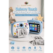 Lucky Love Unicorn Temalı Çocuk Dijital Fotoğraf Makinesi Termal Baskılı Kamera Selfie Kameralı Türkçe Menü
