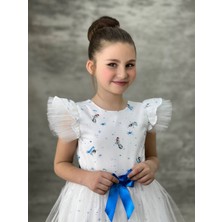 Pistyle Kız Çocuk Beyaz Elsa ve Anna Karakter Baskılı Mavi Tüllü Doğum Günü Elbisesi ve Abiye