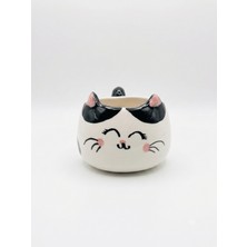 Palto Tasarım Siyah Kulaklı Kedi Kupa 3D Kabartmalı El Yapımı Krem Parlak  - El Işçiliği 3D Hediyelik
