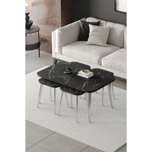 Emideco Zigon ve Orta Sehpa 5'li Takım , Metal Ayaklı , Roma 4+1 Sehpa , Gümüş Metal - Siyah Mermer Tabla