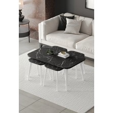Emideco Zigon ve Orta Sehpa 5'li Takım , Metal Ayaklı , Roma 4+1 Sehpa , Beyaz Metal - Siyah Mermer Tabla